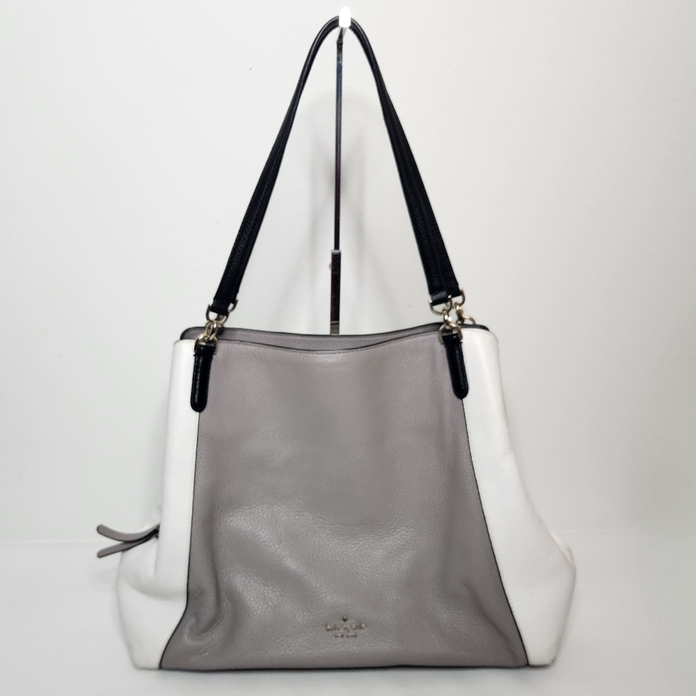 Kate Spade Tote Bag Gray White Double Strap Zip Magnet Triple Compartment Pebble